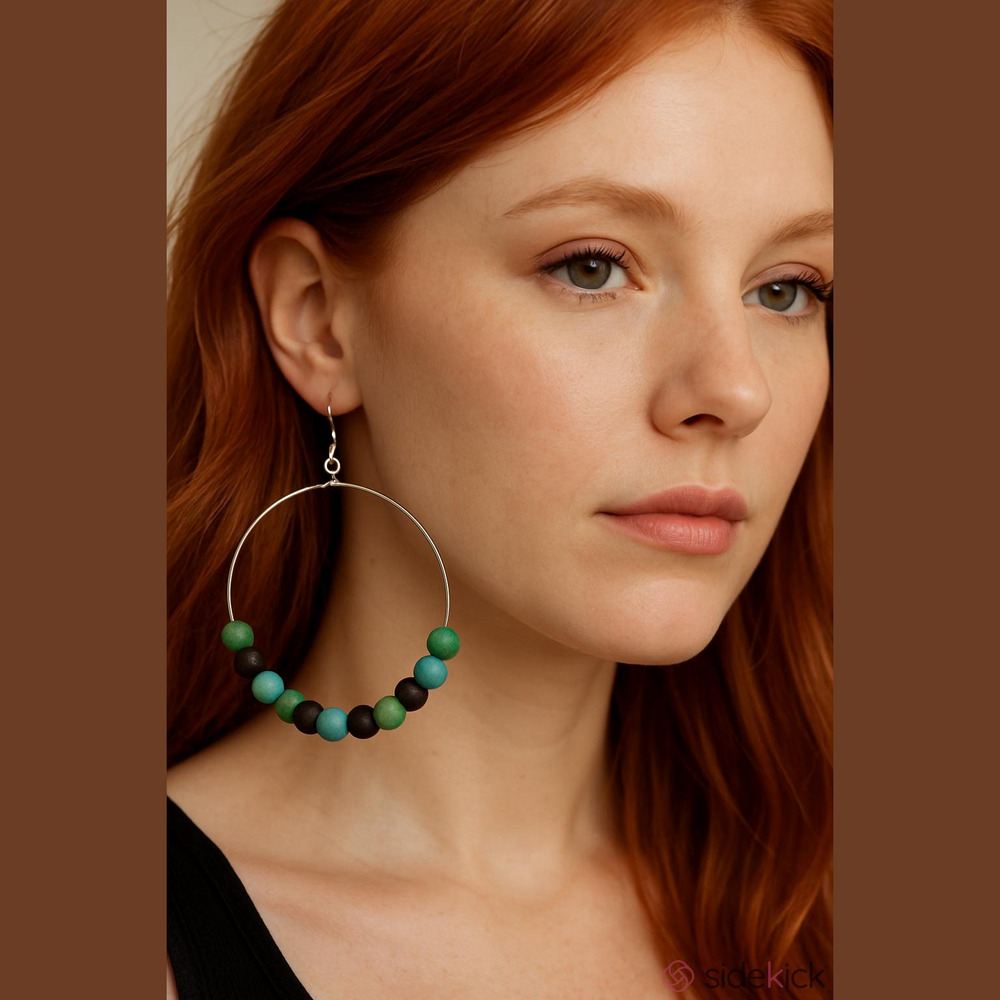 Elegant Green and Blue Beaded Hoop Earrings